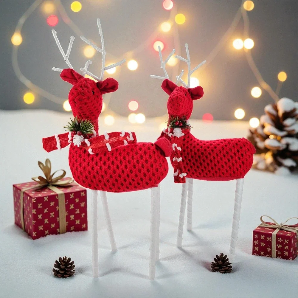 Christmas Holiday Santa's Reindeer, Red Crochet/Scarf, 17 H x 7 L, Set of 2